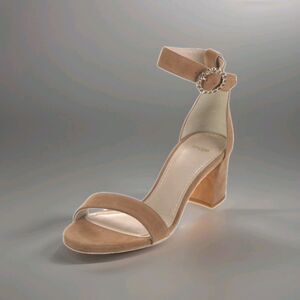 Maje Paris Suede Tan Block Heel Sandals Size 9/40 Ankle Straps Crystal Stones